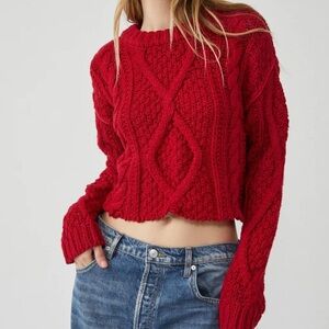 100% cotton Free People Red Cable Knit Turtleneck Sweater